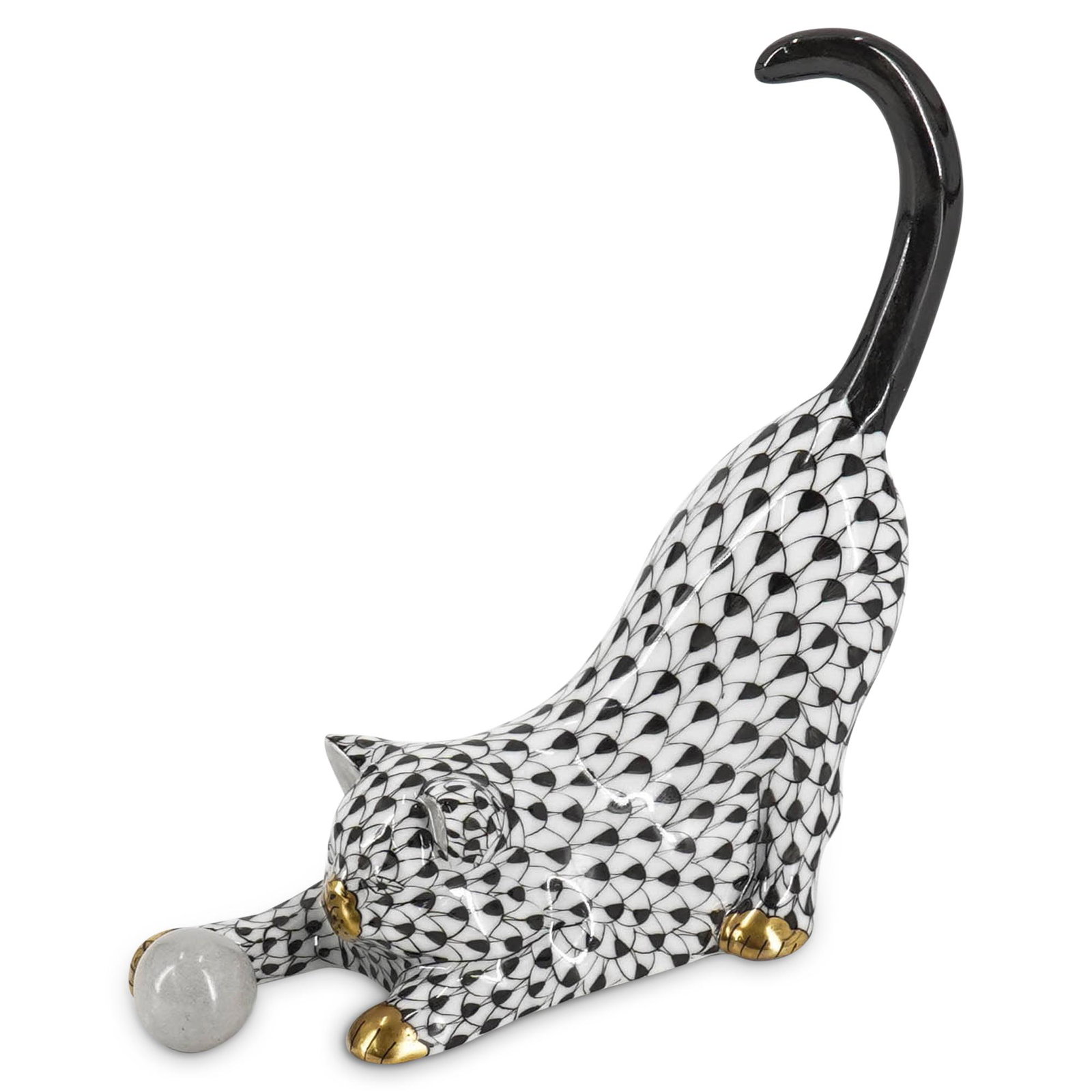Herend Black Fishnet Cat Porcelain Figurine (1 of 7)