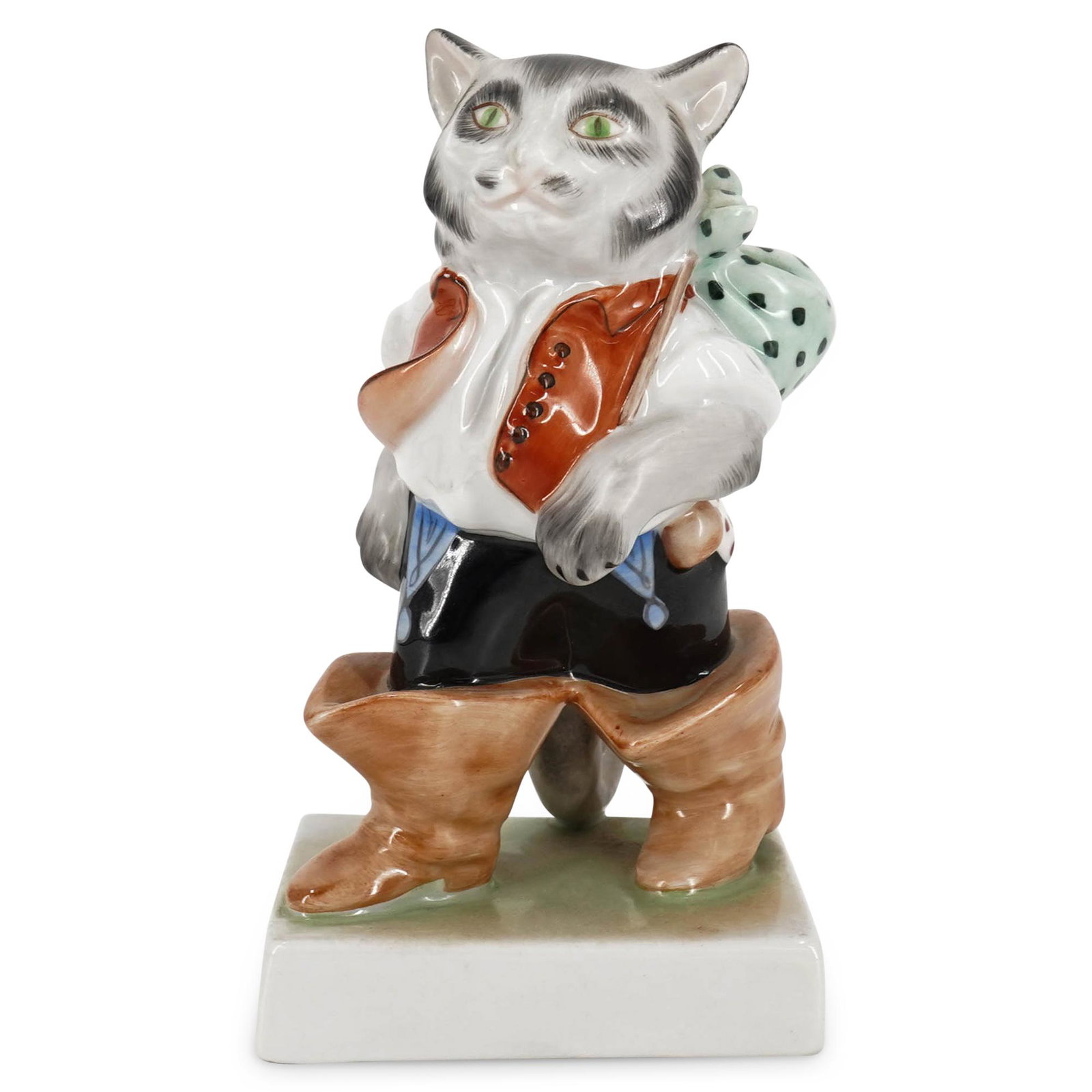 Antique Herend "Puss in Boots" Porcelain Figurine: DESCRIPTION: Antique Herend "Puss in Boots" hand painted polychrome figurine of a cat standing in boots and wearing a orange vest. Tradition hallmark at the underside. CIRCA: 1939 ORIGIN: Hungary DIME