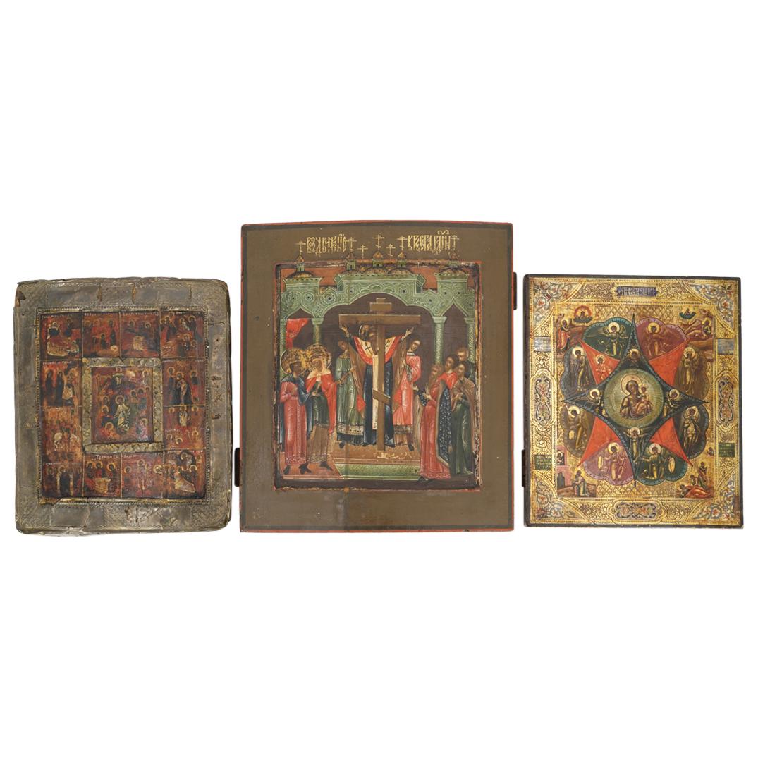 (3 Pc) Wood, Silver, and Gilt Russian Orthodox Icons (1 of 11)