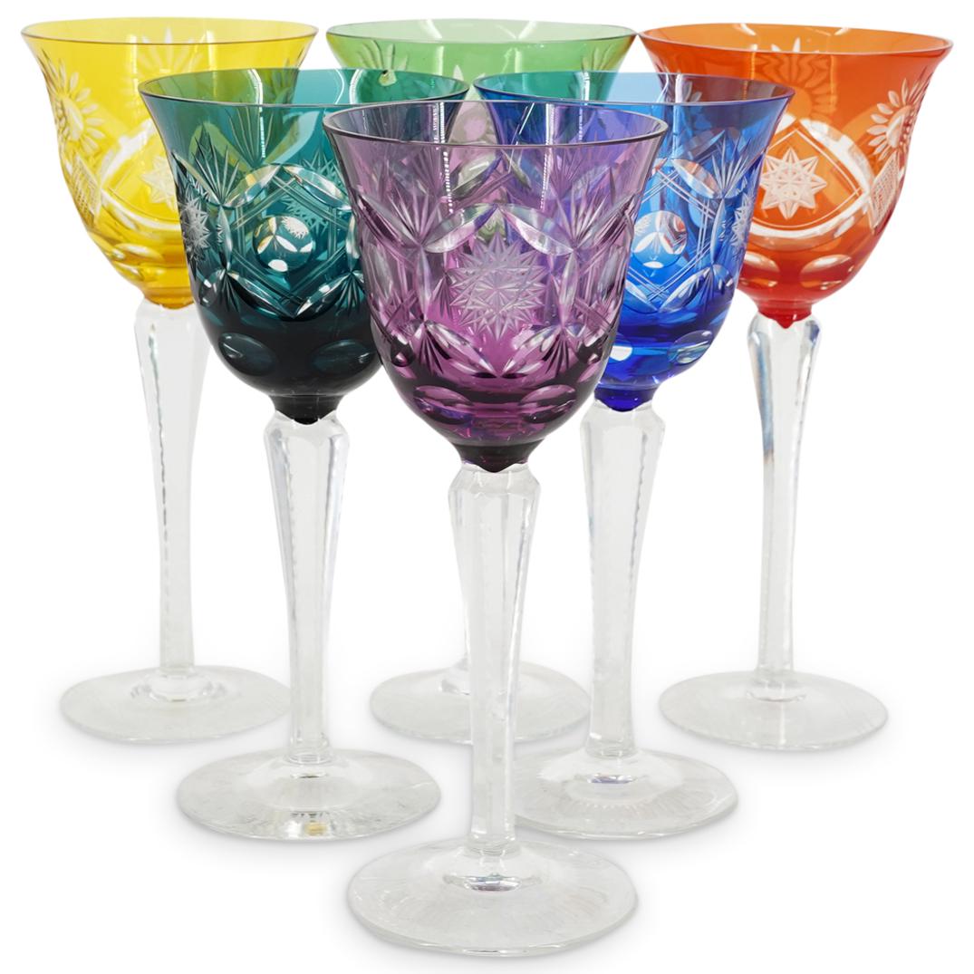 (6Pc) Bohemian Crystal Glasses: DESCRIPTION: (6Pc) Multi-colored tint Bohemian cut crystal wine glasses with flared rims. CIRCA: 20th Century ORIGIN: Czechoslovakia DIMENSIONS: H: 7.62" X D: 3.37" CONDITION: Small chip to the rim of