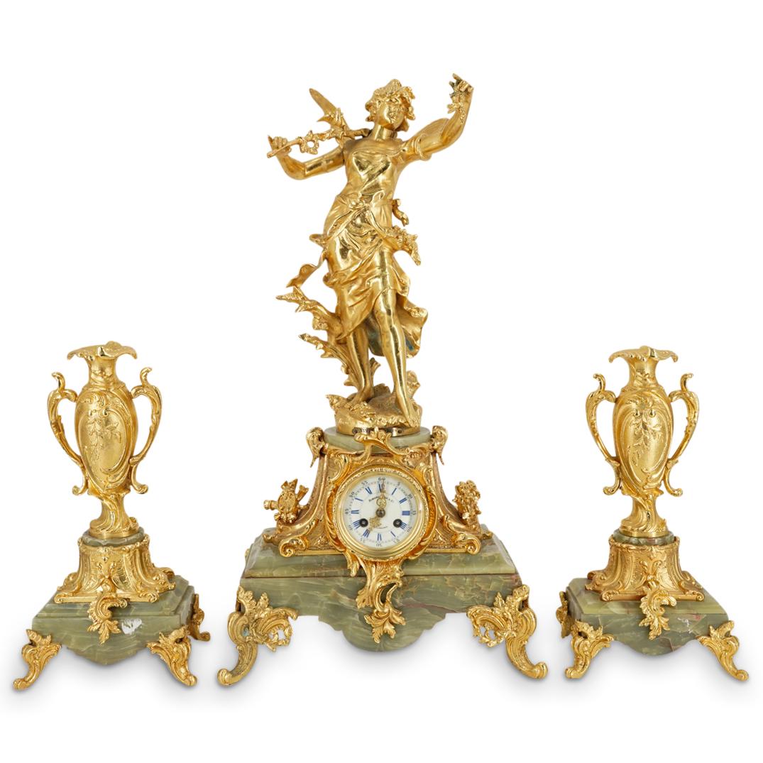 French Vincenti & Co. Gilt Bronze And Onyx Mantel Clock With Candlesticks (1 of 12)