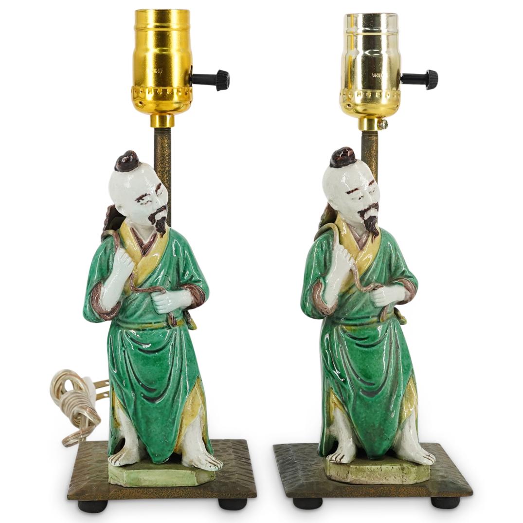 Pair Of Antique Chinese Sancai Immortal Figures On Bronze Lamps (1 of 7)