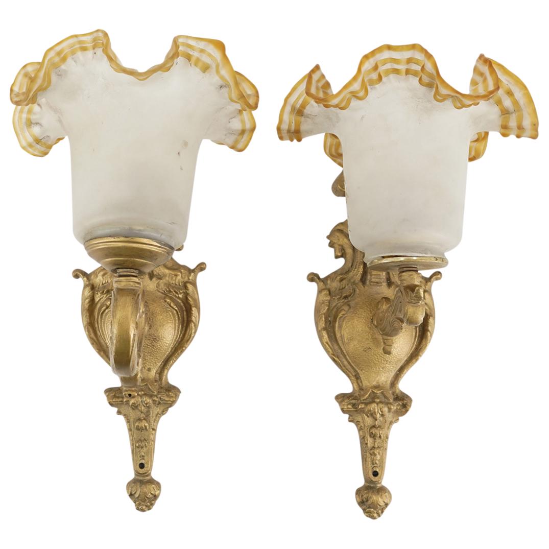 (2 Pc) Vintage French Gilt Bronze & Glass Wall Sconces (1 of 6)