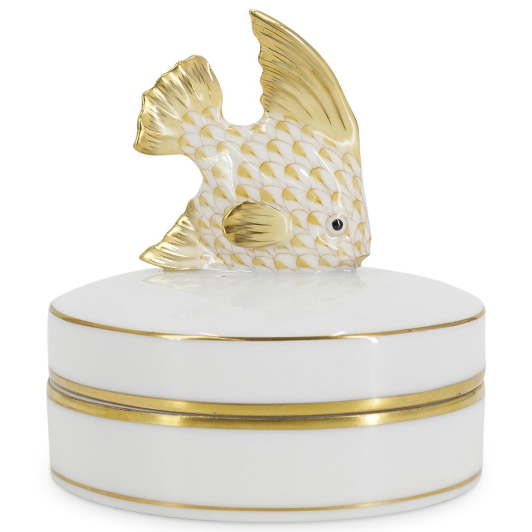 Herend Yellow Fishnet Porcelain Lidded Box W/ Fish (1 of 5)
