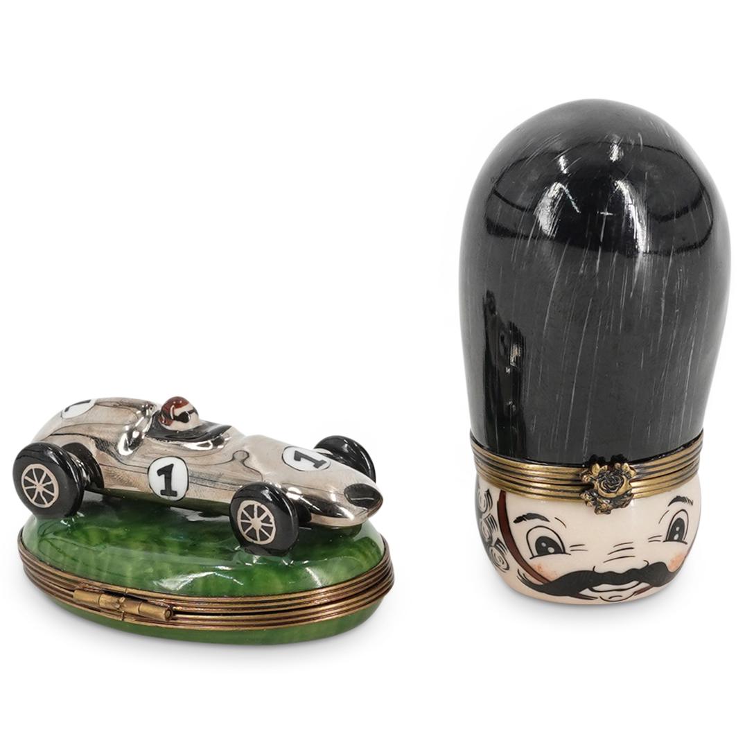 (2 Pc) Limoges Porcelain Racing Car & British Royal Guard Trinket Boxes (1 of 8)