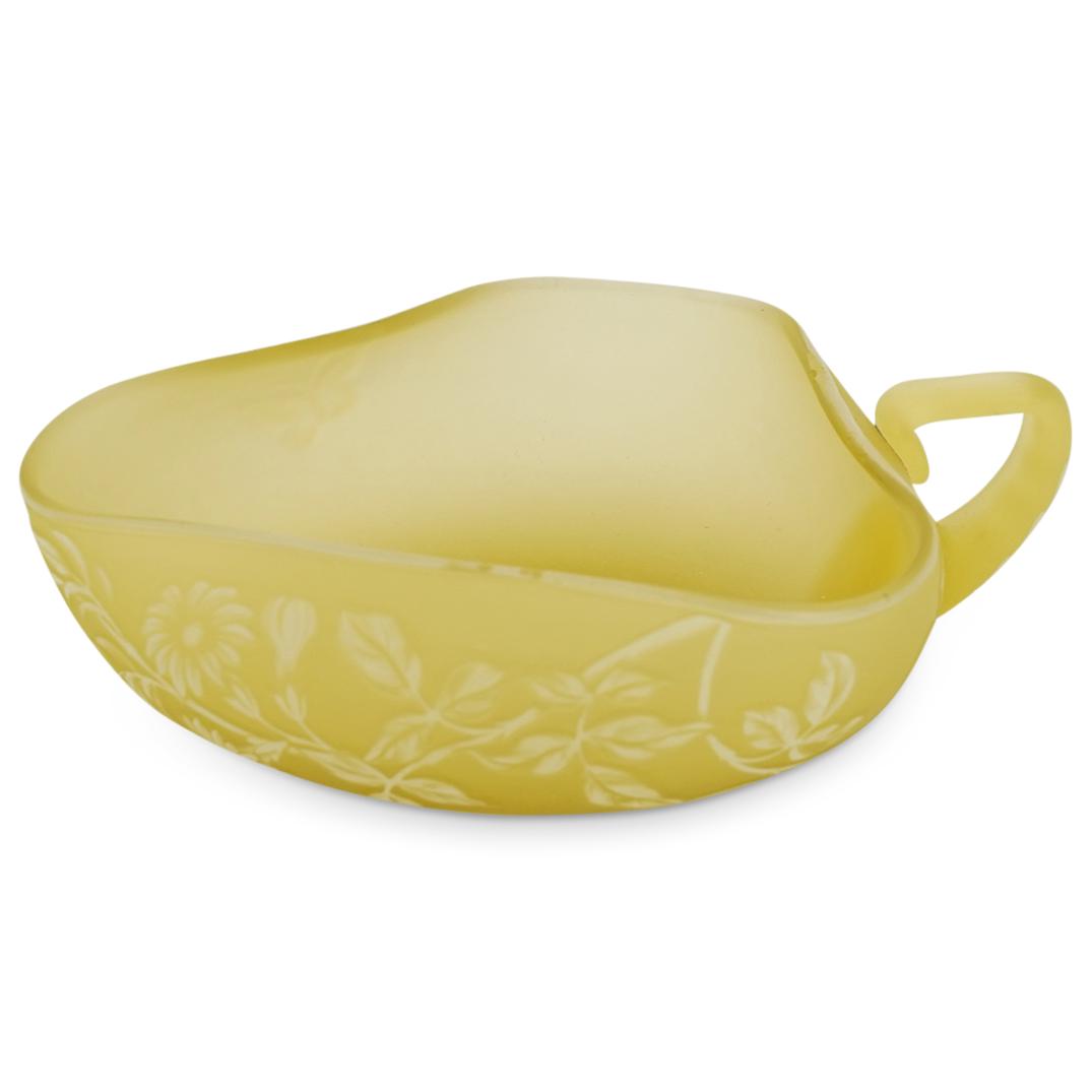 Antique English Thomas Webb English Cameo Bowl: DESCRIPTION: Webb cameo three pointed frosted glass bowl featuring a handle on one side and decorated with foliage motifs and embellished with foliage and butterfly motifs on the sides. CIRCA: 20th Ce