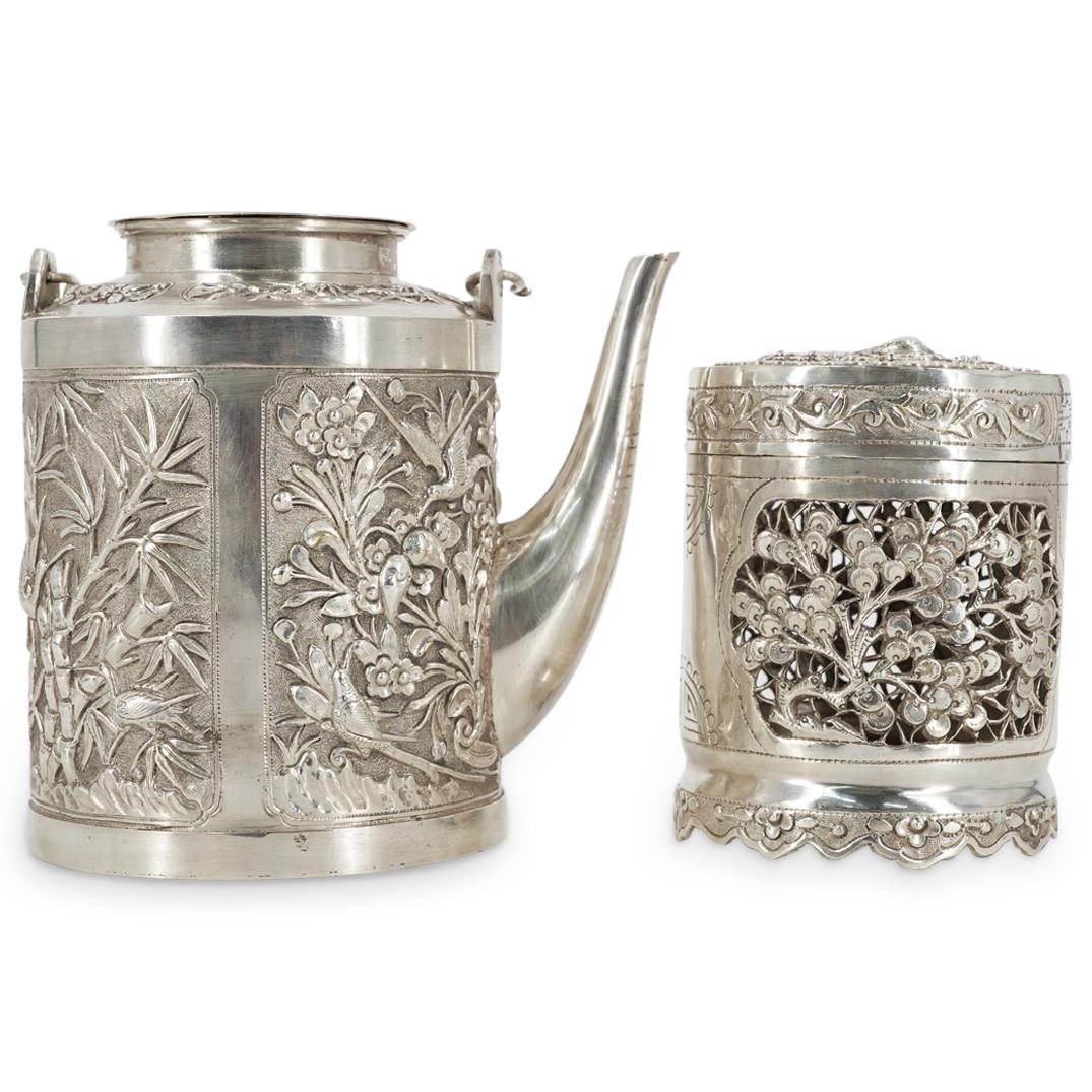 (2 Pc) Chinese Silver Plated Tea Pot & Jar Set (1 of 8)