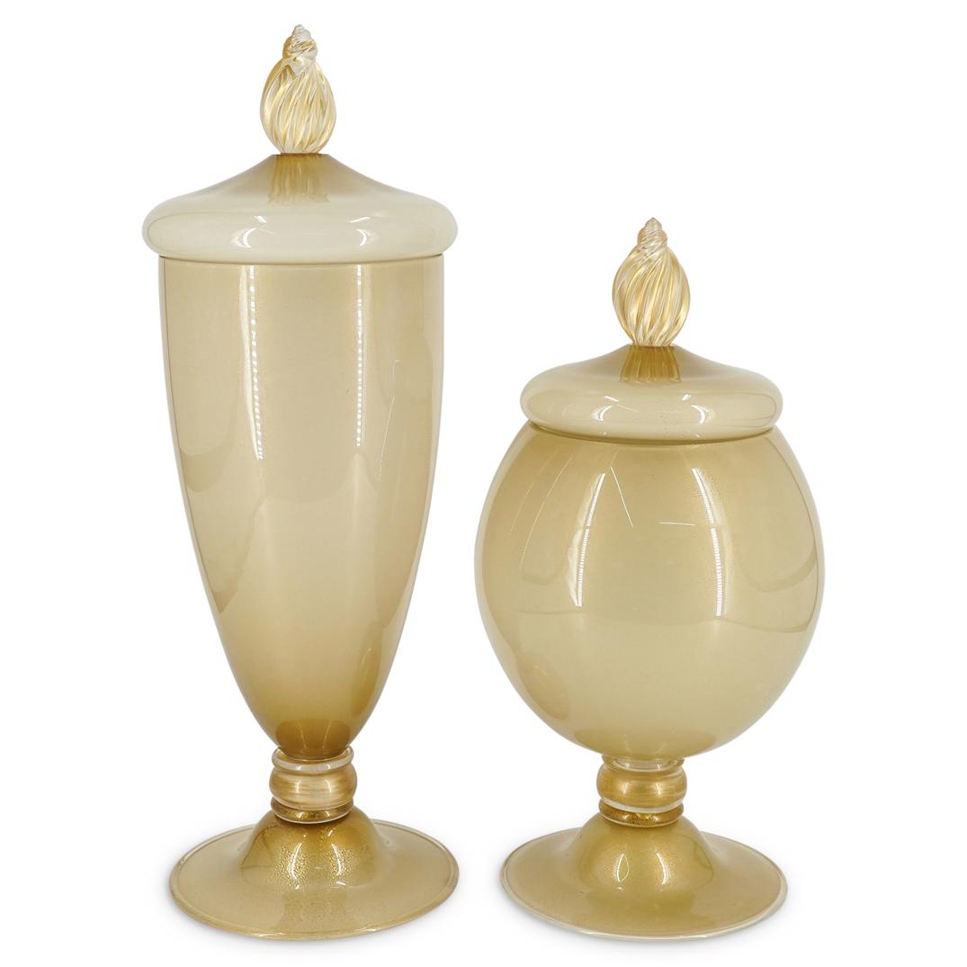 (2 Pc) Large Murano Glass Iridescent Lidded Vases (1 of 11)