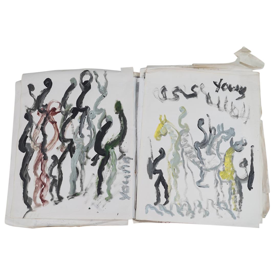 Purvis Young (American 1943-2010) Mixed Media Painting Collage: DESCRIPTION: Purvis Young (American 1943-2010) Mixed media collage of paintings and illustrations, featuring (31) pages of Young's traditional imagery. Cover of book titled: "The Adventures of Rabbit,