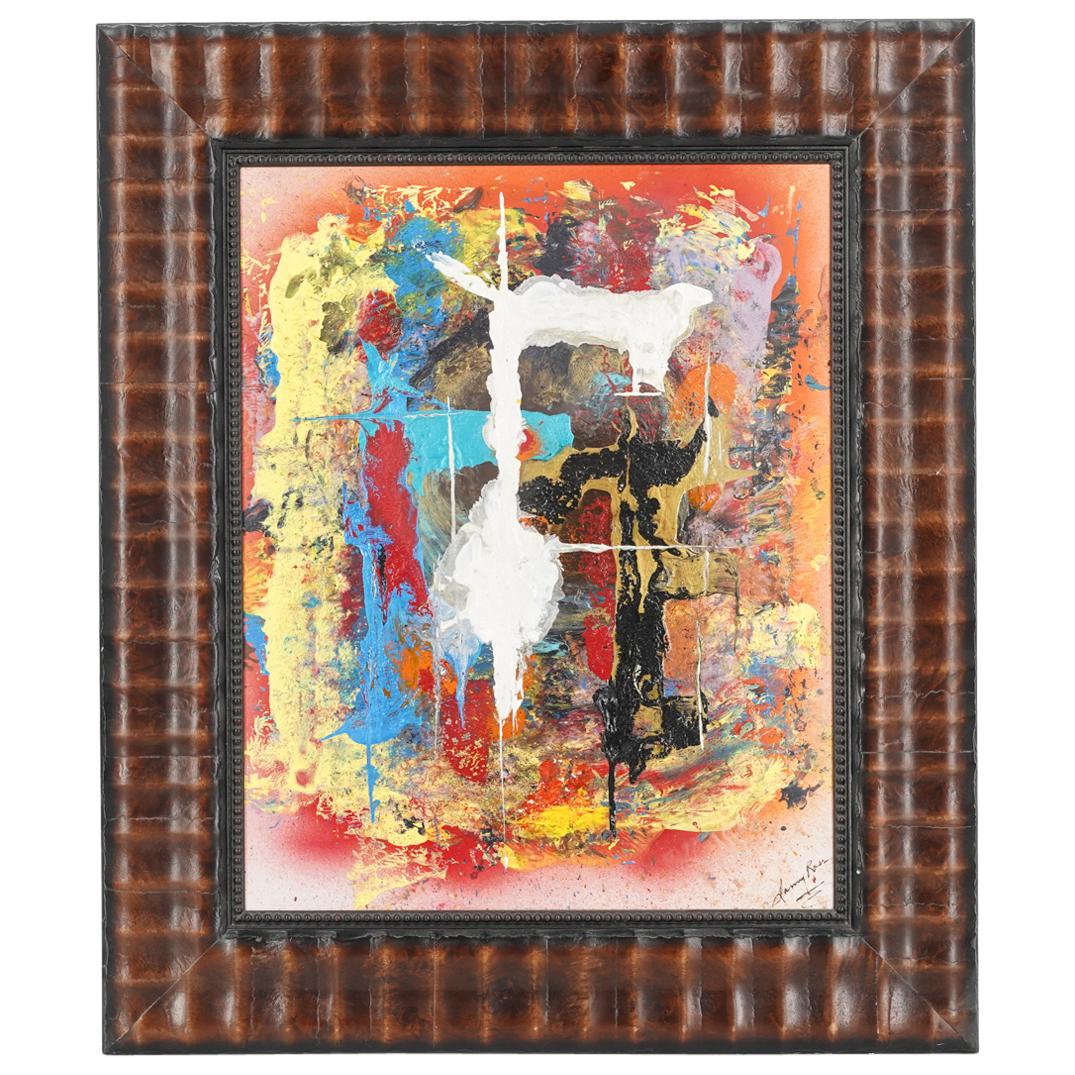 Mid Century Splatter Art Painting: DESCRIPTION: Mid century splatter art painting on cardboard depicting an abstract composition in various colors. Signed lower right indistinctly "Samy Roer" mounted in a scalloped frame. CIRCA: 20th C