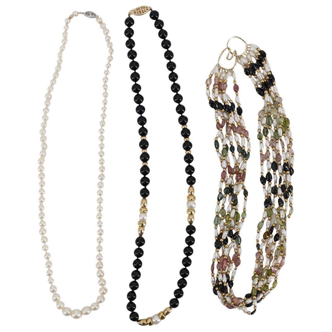(3Pc) 14k Gold Pearl & Onyx Necklaces (1 of 6)