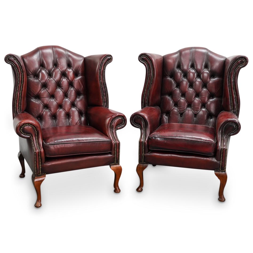 (2Pc) Pair of Vintage Red Leather Wingback Armchairs (1 of 7)