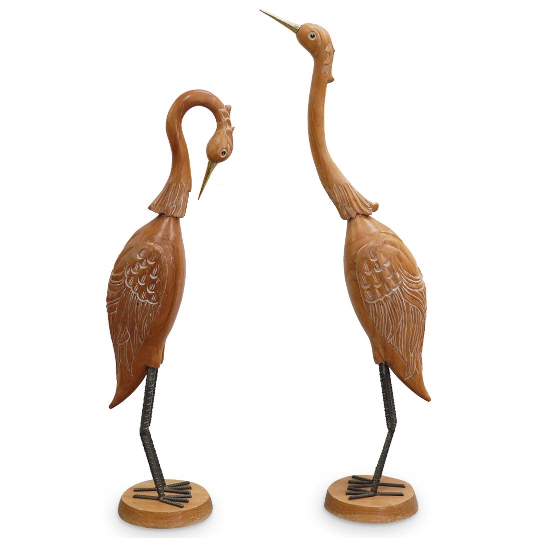 (2Pc) Pair of Carved Mid Century Wood Heron Bird Sculptures (1 of 10)