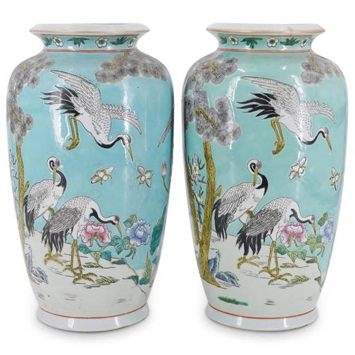 Pair Of Vintage Chinese Shouldered Crane Vases