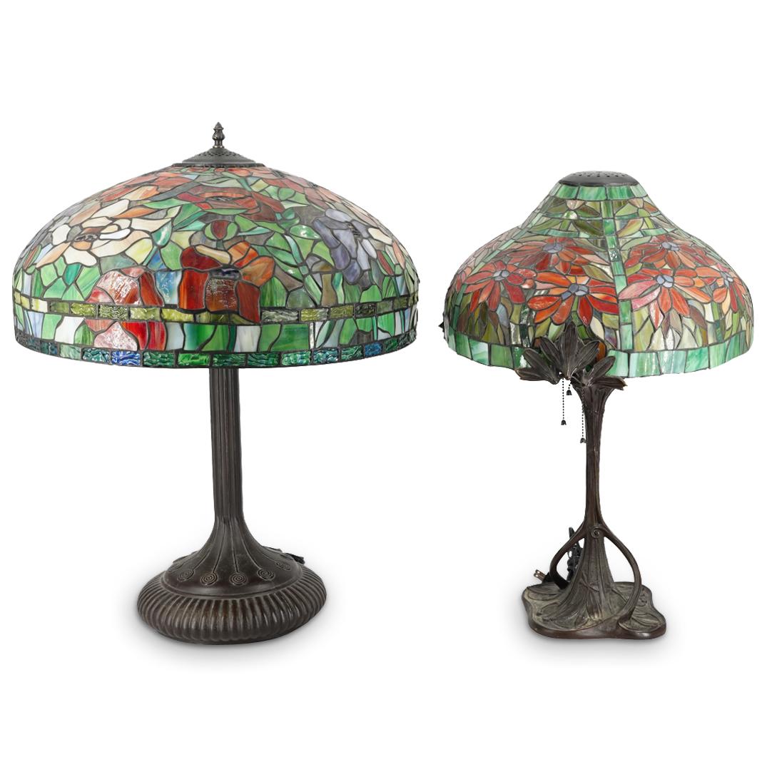 (2 Pc) Bronze Table Lamps With Floral Tiffany Style Shades (1 of 8)