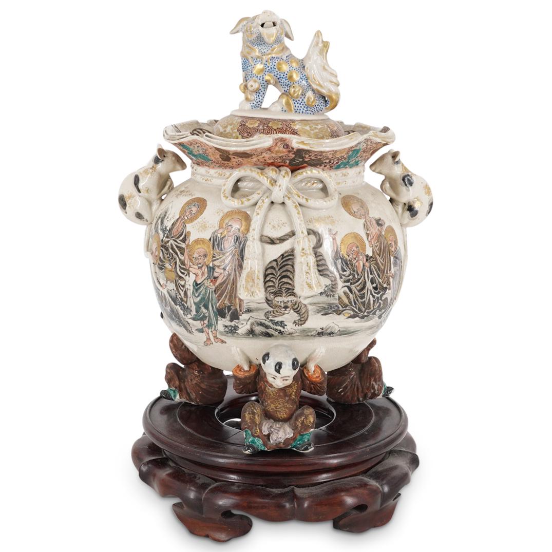 Japanese Satsuma Porcelain Urn On Wooden Stand