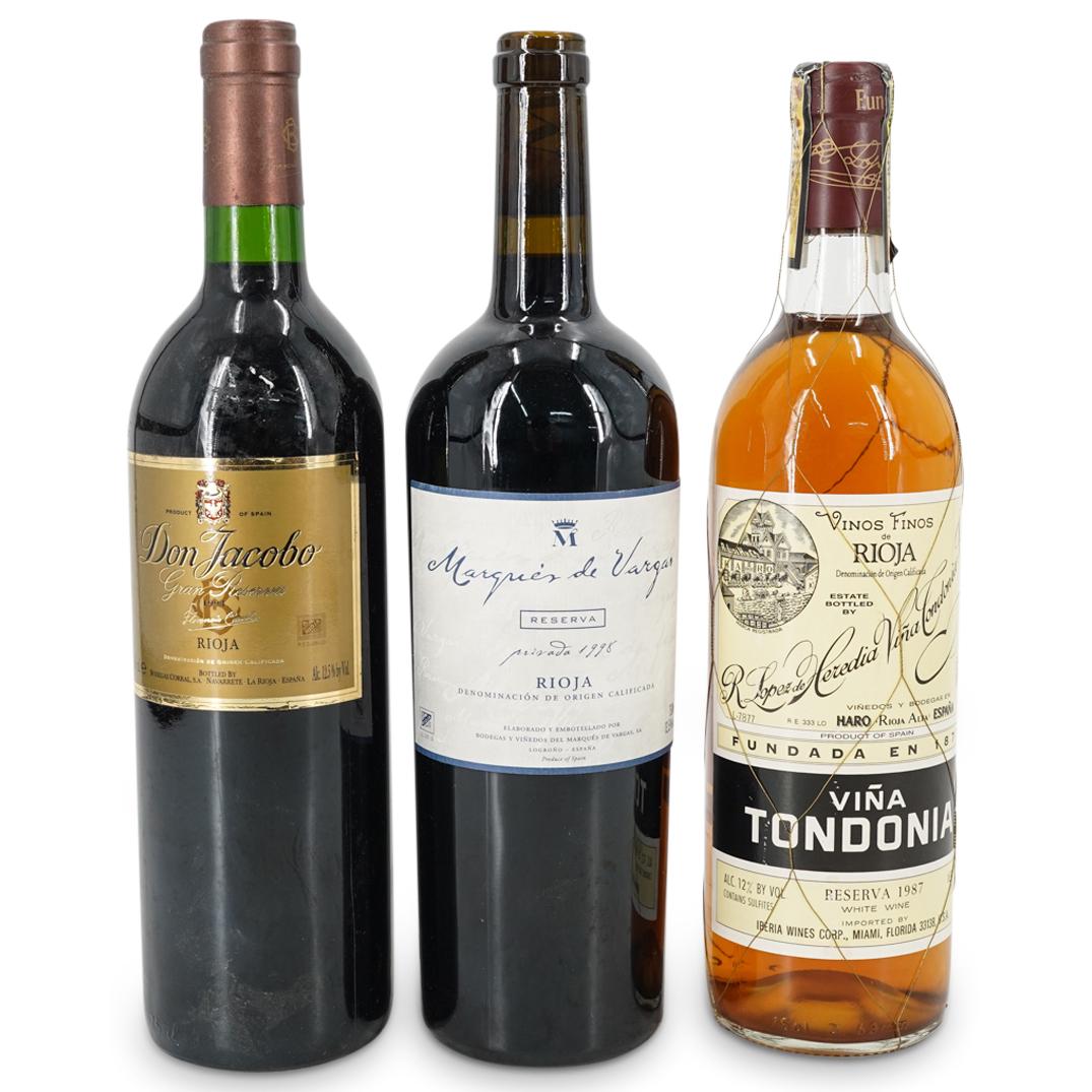 (3 Pc) Spanish La Rioja Red & White Wine Bottles: DESCRIPTION: (4 Pc) Three Spanish La Rioja red and white wine bottles. This lot includes: one (1) Reserva 1987 Vina Tondonia Rioja white wine bottle; one (1) Reserva 1998 Marques de Vargas Rioja red w
