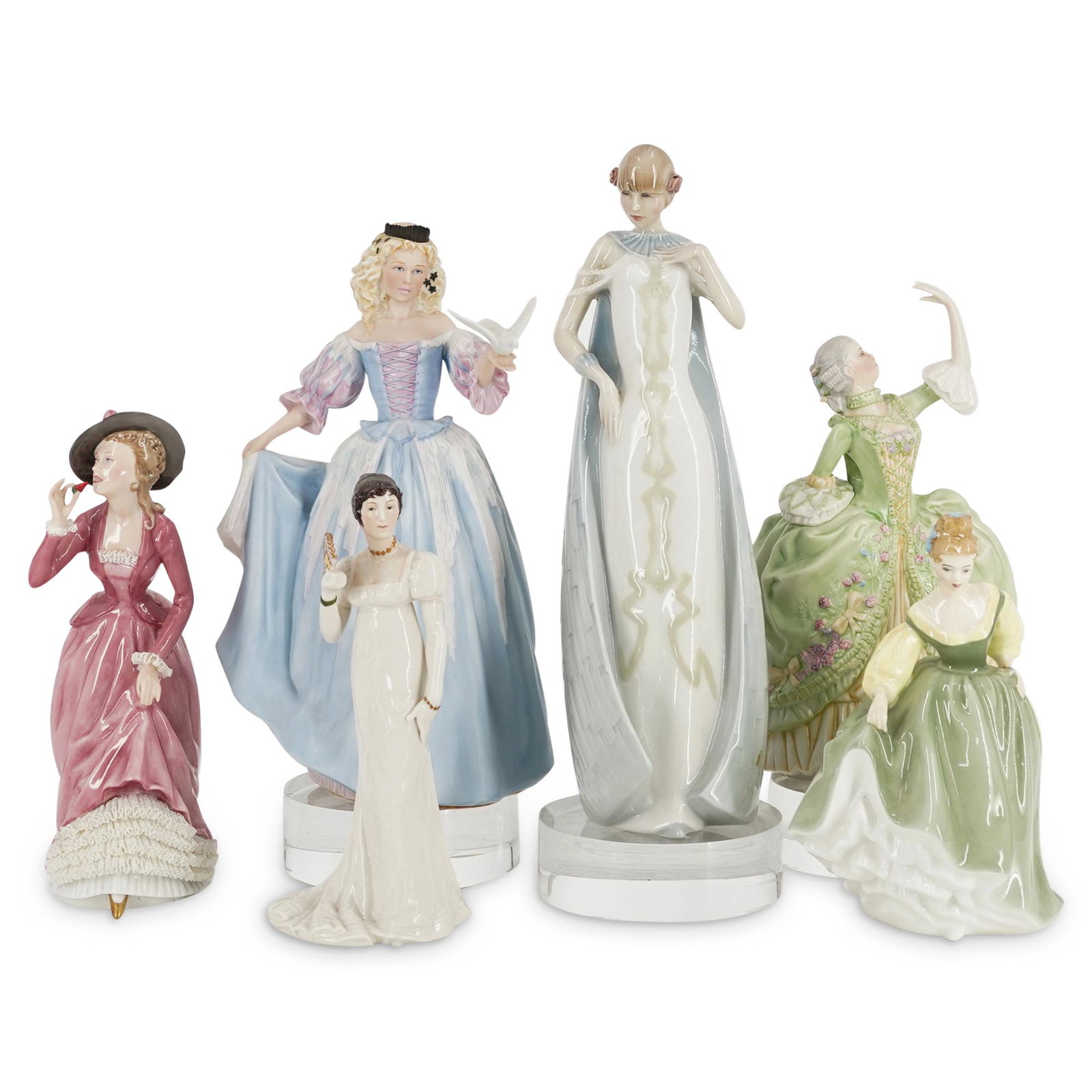 (6 Pc) Doulton And Franklin Porcelain Lady Figurines: DESCRIPTION: Six porcelain lady figurines-four from The Franklin Mint, two from Royal Doulton-each with marks on undersides from their respective companies. Franklin Mint titles: "Something Sweet for 