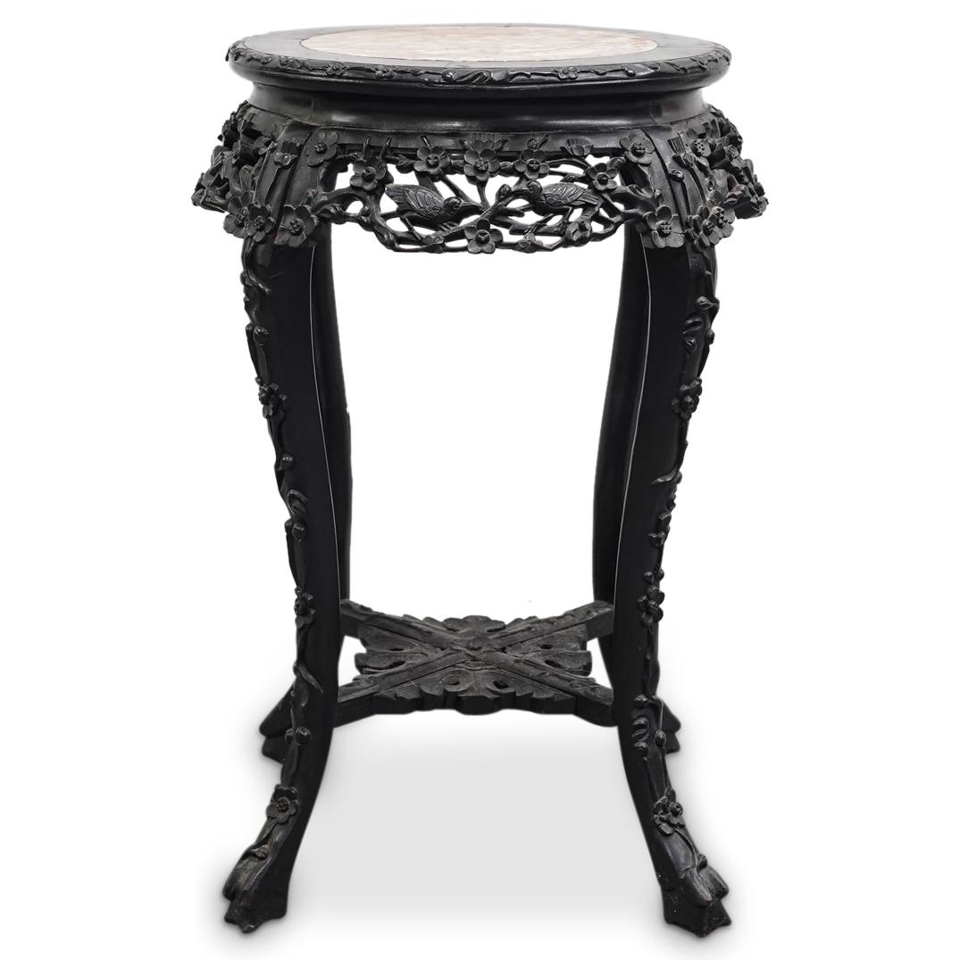 Antique Chinese Marble & Carved Wood Flower Pedestal Table (1 of 7)