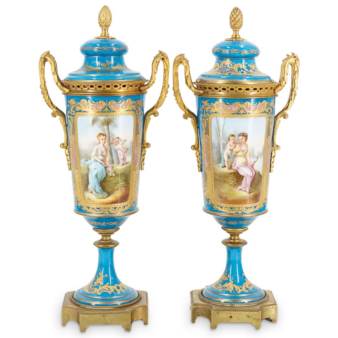 Pair of Antique Sevres Porcelain & Bronze Urns (1 of 9)
