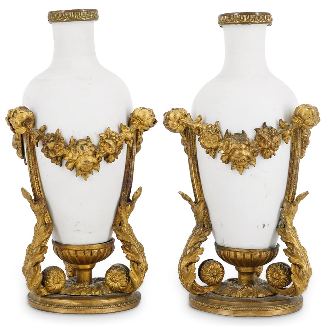 Pair of Antique French Dore Porcelain Bud Vases (1 of 5)