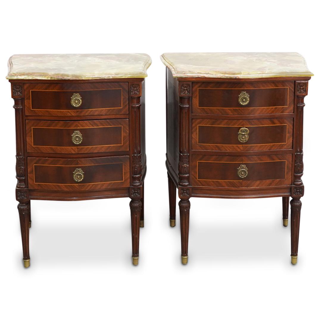 Pair of French Onyx & Parquetry Wood Nightstands: DESCRIPTION: (2Pc) Pair of French four brass footed wood nightstands featuring variegated green onyx tabletops, foliage and floral designs in relief at the front two side columns as well as the legs, 