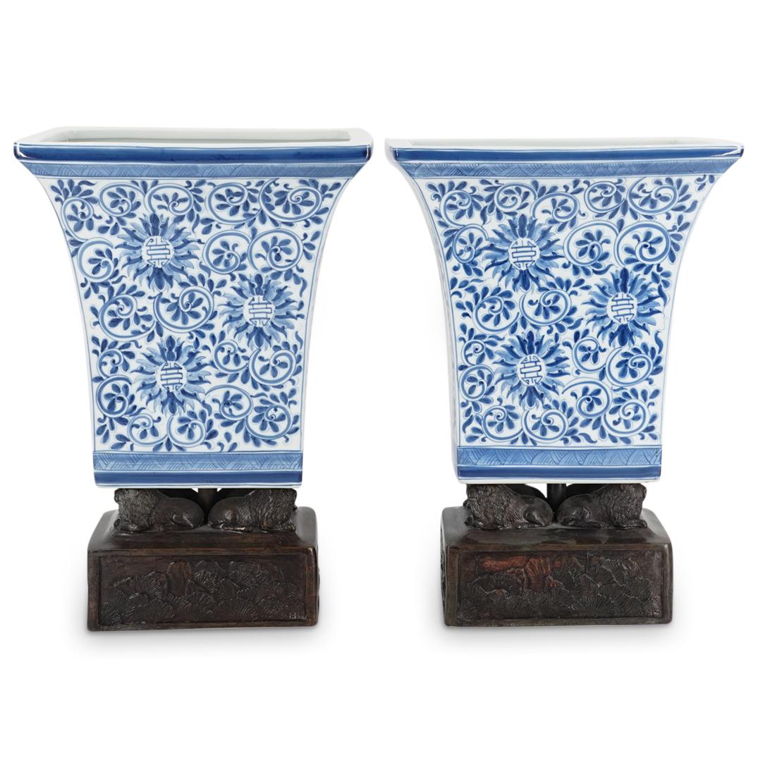 Pair Of Maitland Smith Flared Lip Blue And White Porcelain Vases (1 of 7)