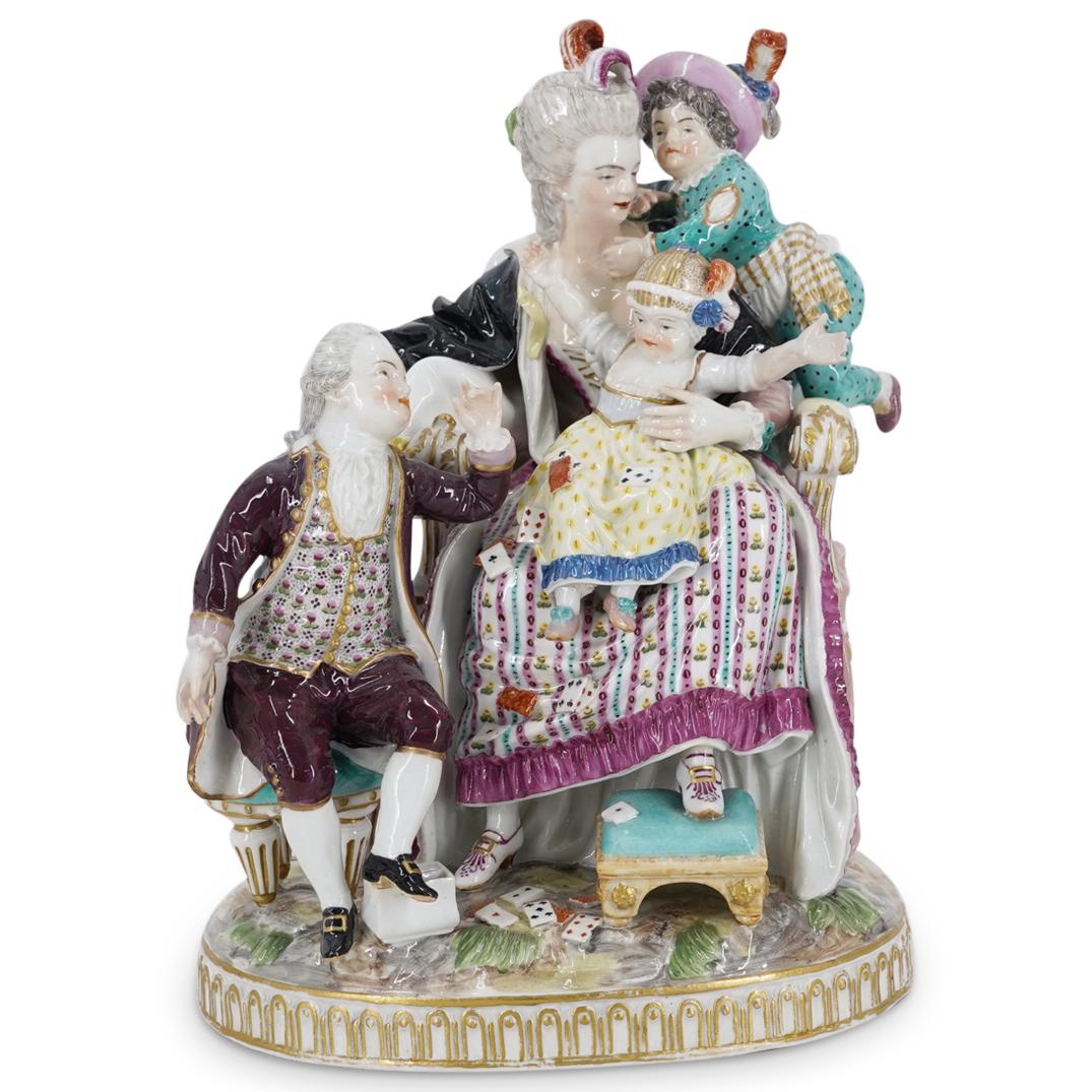 18th Cent. Meissen "Godmother" Porcelain Group: DESCRIPTION: A Meissen porcelain figural group depicting the a God Mother in regal garb surrounded by her children, excellently detailed with multiple patterns along the dresses and shirts. Marked und