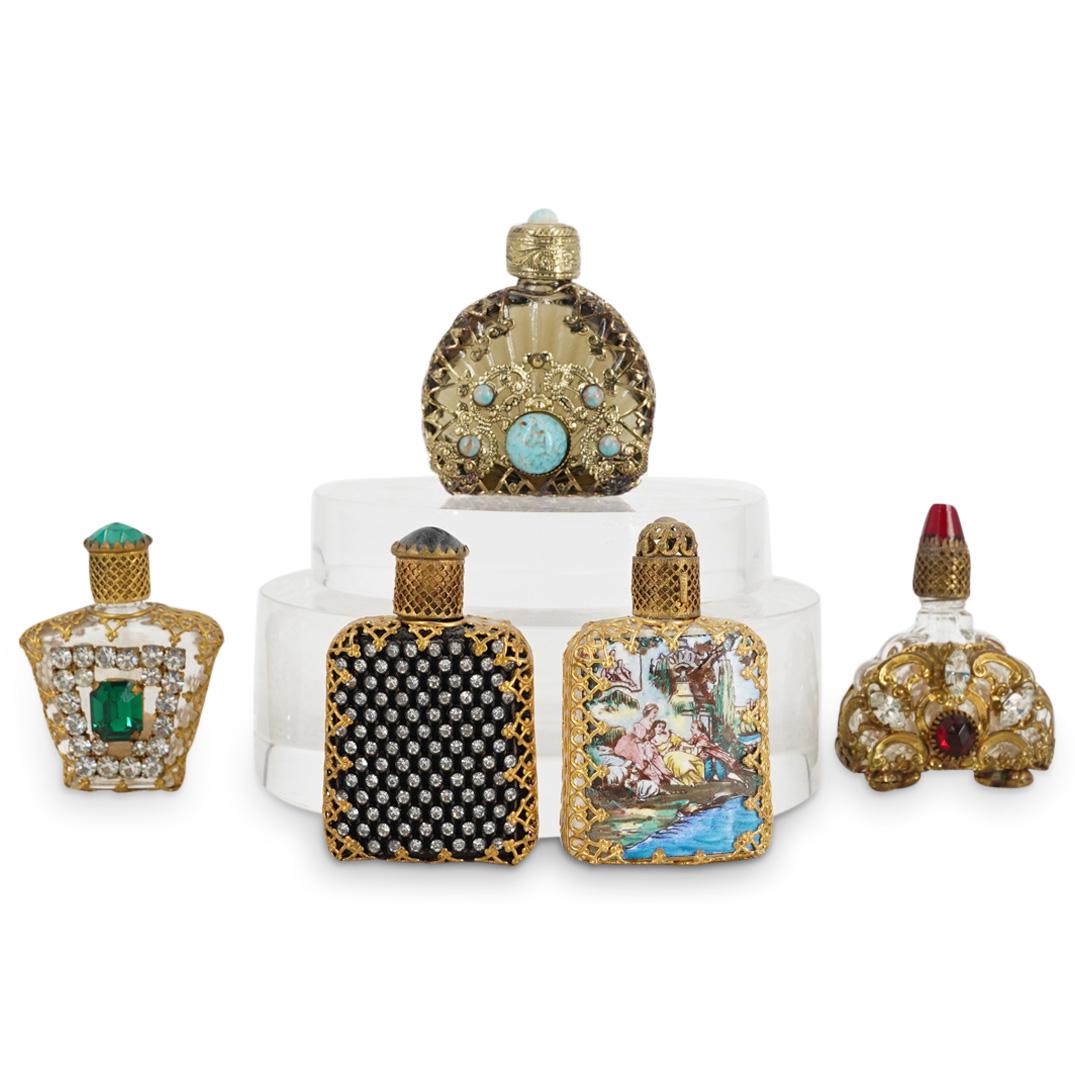 (5 Pc) Antique Austrian Jeweled Filigree Miniature Perfume Bottles (1 of 4)