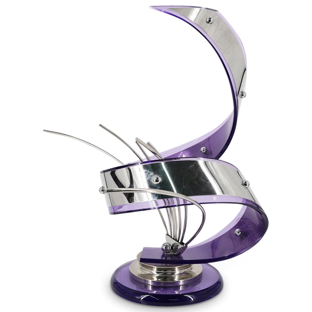 Shlomi Haziza (Israeli, b. 1969) Lucite & Chrome Sculpture: DESCRIPTION: Shlomi Haziza (Israeli, b. 1969) modern sculpture composed of purple toned spiraling lucite band fitted with a chrome stripe, other elongated chrome ribs, and beveled chrome and lucite ci