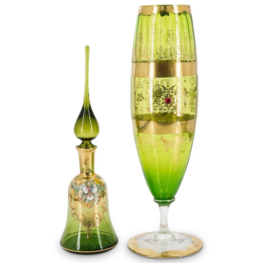 (2Pc) Bohemian Parcel Gilt Green Glass Decanter & Vase (1 of 4)