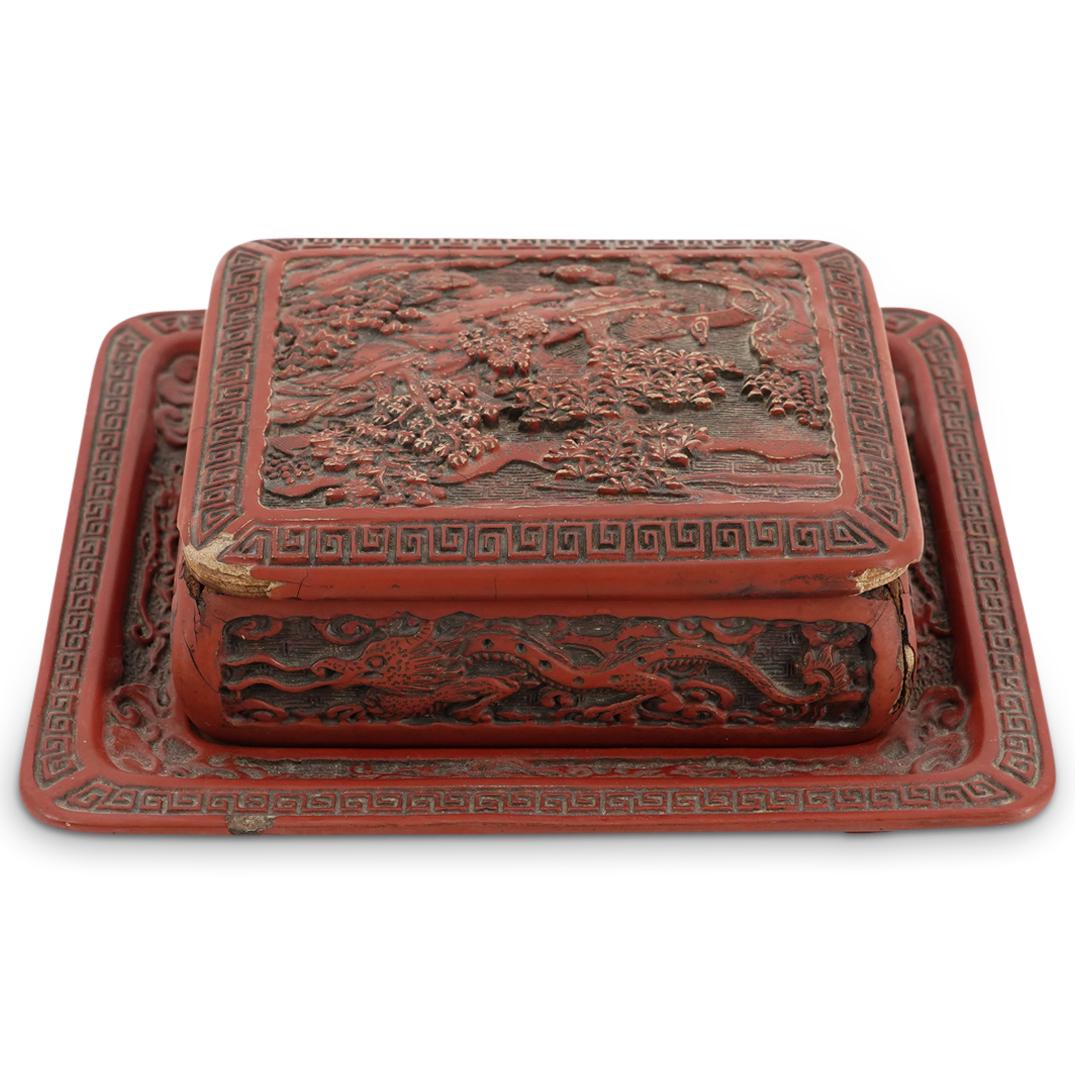 (2Pc) Antique Chinese Cinnabar Box & Tray (1 of 9)