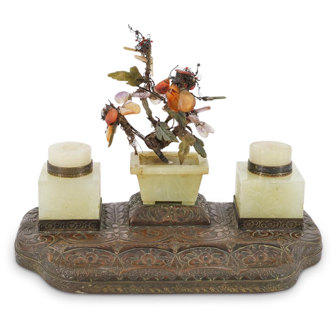 Chinese Brass & Jade Desk Inkwell (1 of 6)
