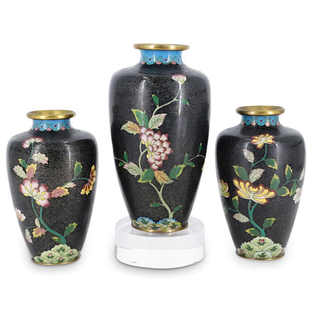 (3 Pc) Chinese Cloisonne Floral Enamel Vases (1 of 7)