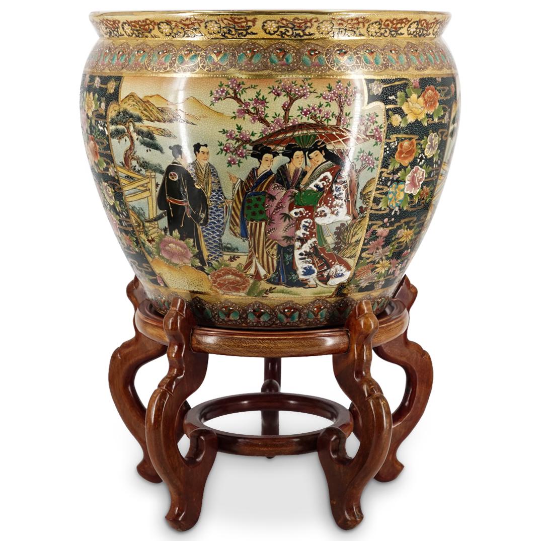 Satsuma Style Fish Bowl Vase With Wooden Stand (1 of 8)