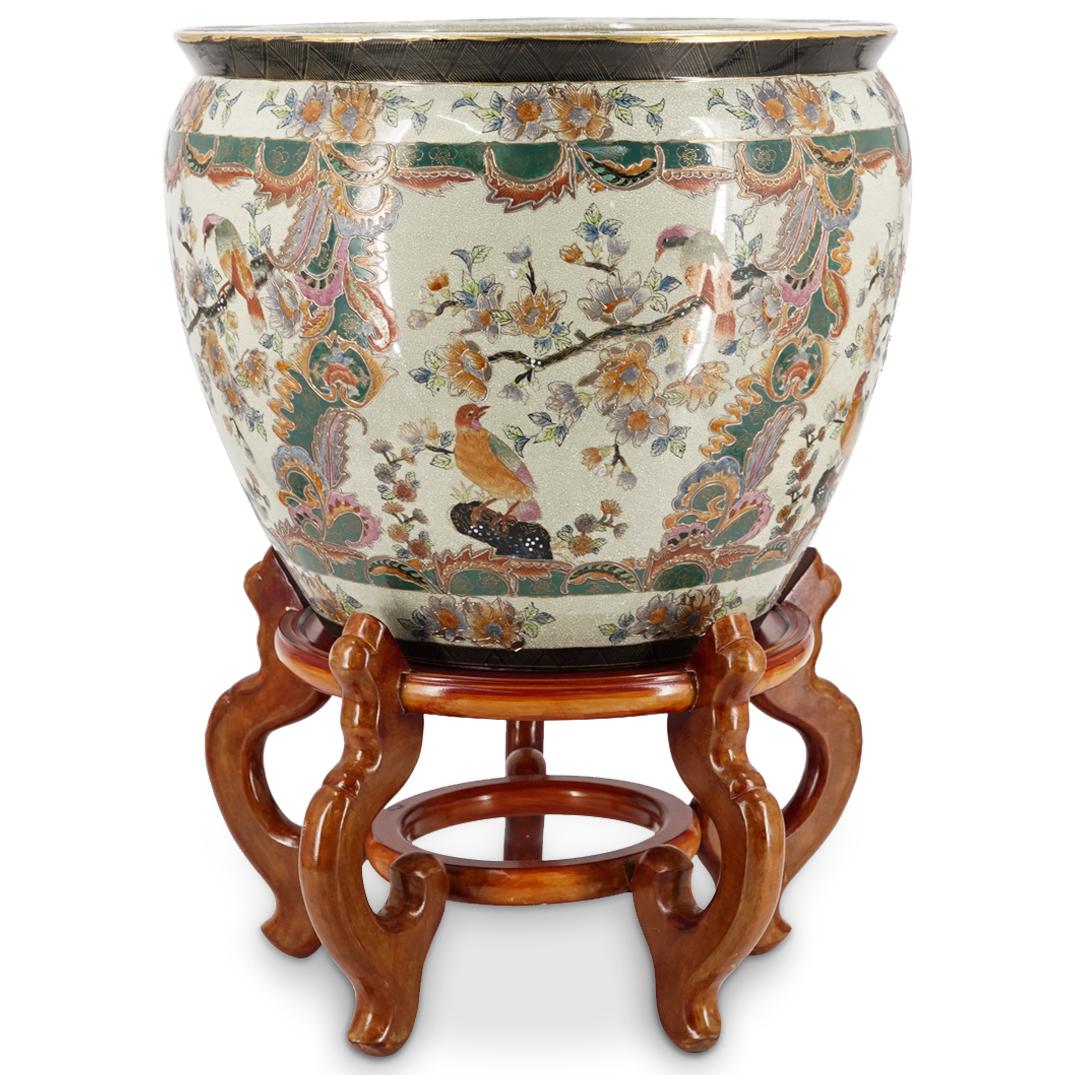 Chinese Satsuma Style Fish Bowl Vase With Wooden Stand (1 of 8)