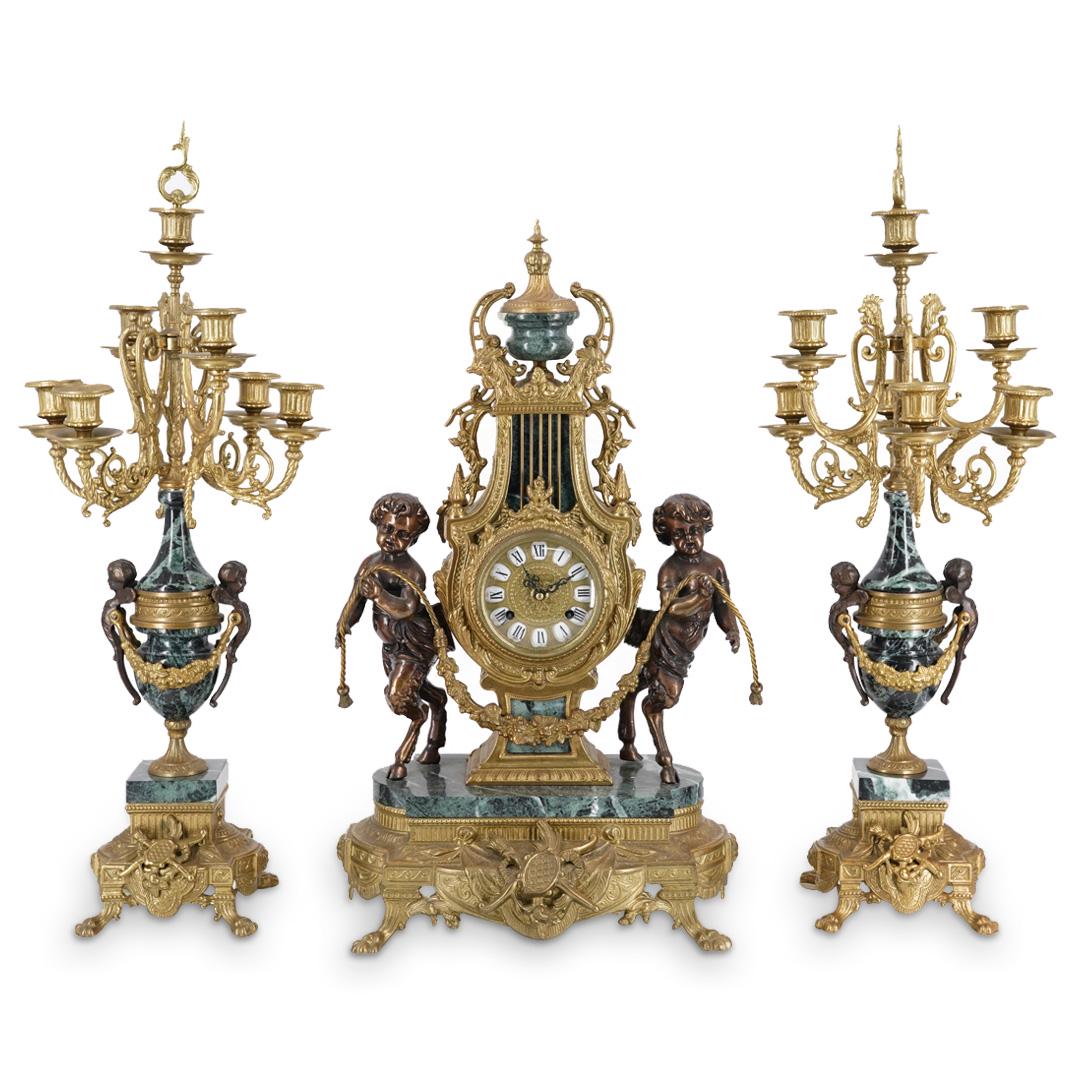 (3Pc) Italian Franz Hermle Figural Lyre Clock & Garnitures (1 of 10)