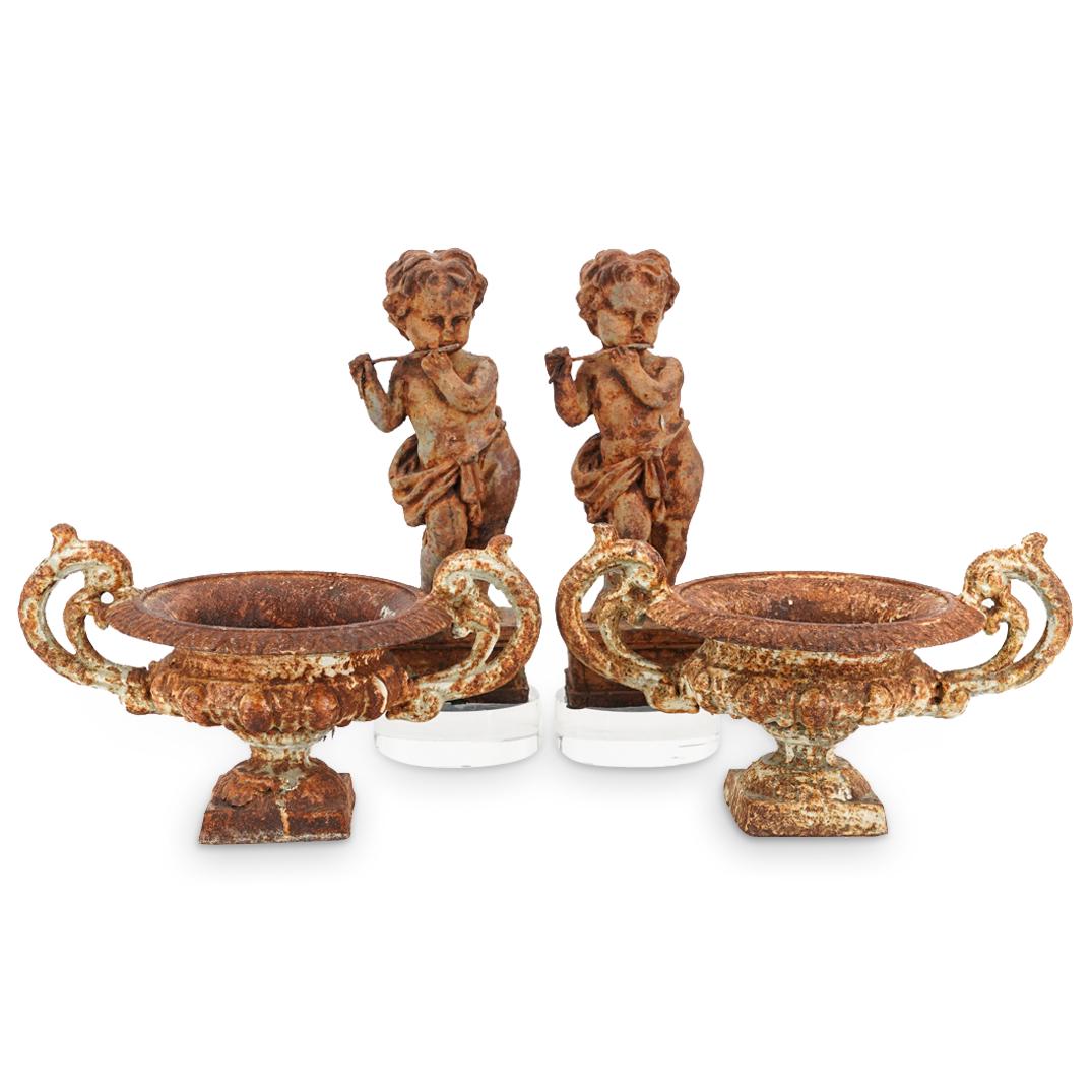 (4 Pc) French Cast Iron Putto Sculptures And Urns (1 of 9)