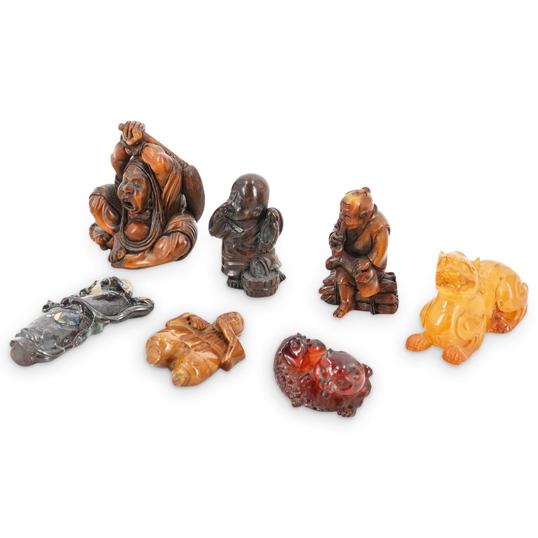 (7 Pc) Japanese Wood, Resin, Amber, And Opal Netsuke (1 of 7)