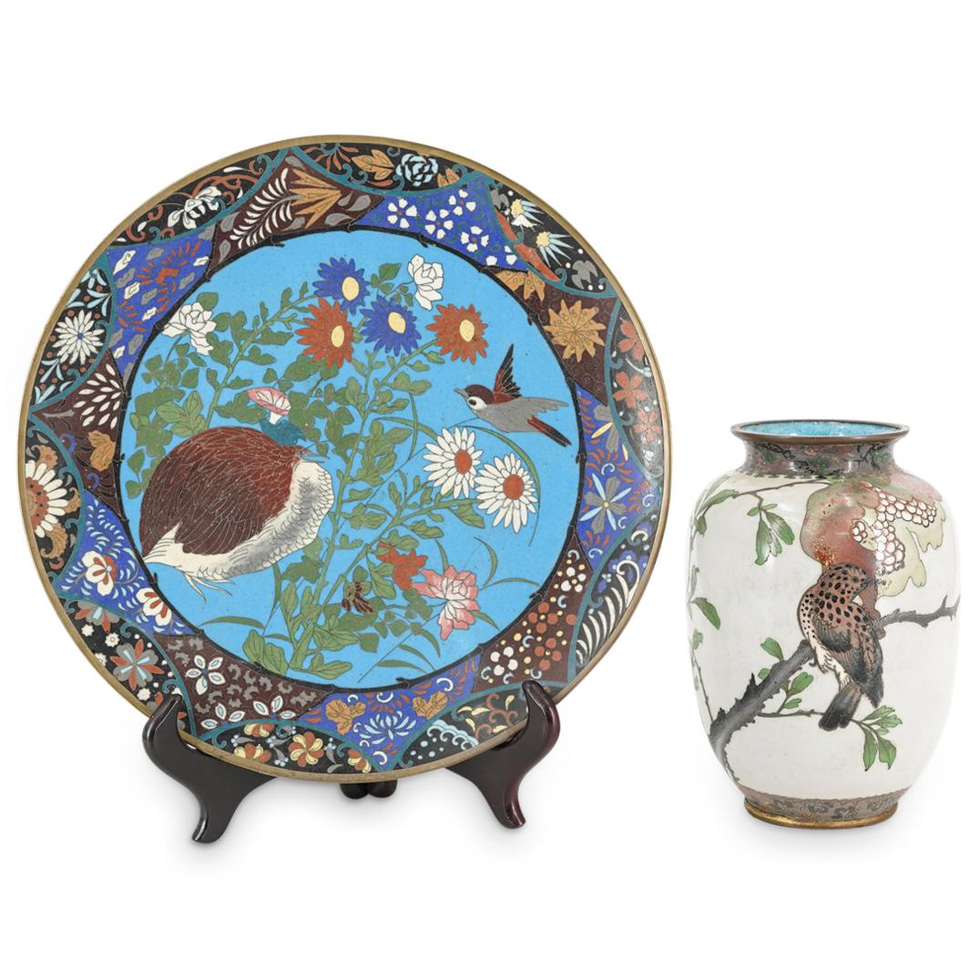 (2 Pc) Japanese Cloisonne Vase And Plate (1 of 4)