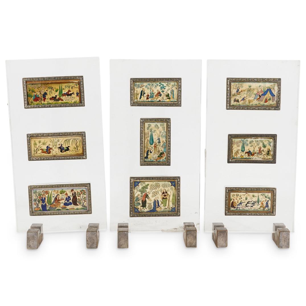 Persian Miniature Paintings On Bone W/ Lucite Stand: DESCRIPTION: A collection of Persian miniature paintings on bone, framed in three vertical PMMA lucite vertical and rectangular blocks. Each lucite block contains three miniature framed paintings. The