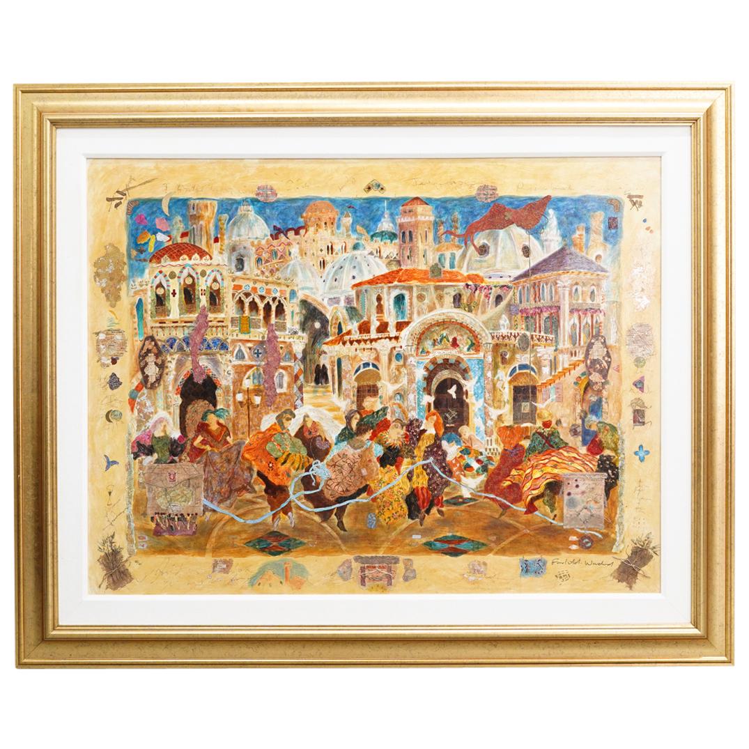 Roy Fairchild Woodard (B. 1953) Mixed Media On Canvas: DESCRIPTION: Framed mixed media on canvas by Roy Fairchild-Woodard depicting a group of women dancing in the streets with domed buildings in the background. Piece is further adorned with clippings and