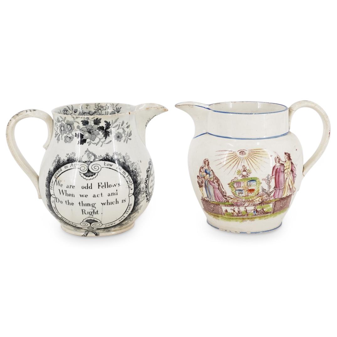 (2 Pc) English Antique Masonic-Themed Porcelain Pitchers (1 of 9)
