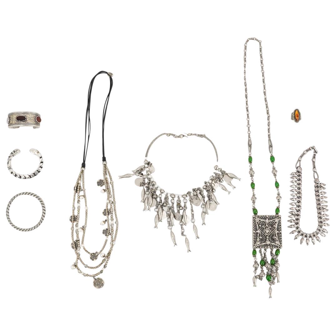 (8 Pc) Silver Toned Jewelry, Necklace W/ Pearls, Amber Ring (1 of 11)