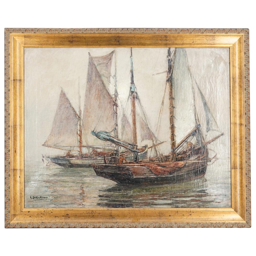 G. de Keukelaere Sailboat Oil on Canvas Painting: DESCRIPTION: Antique oil painting on canvas by artist G. de Keukelaere depicting two sailboats floating in front of the sun on calm waters. Signed lower left "G. de Keukelaere" and illegible writing o