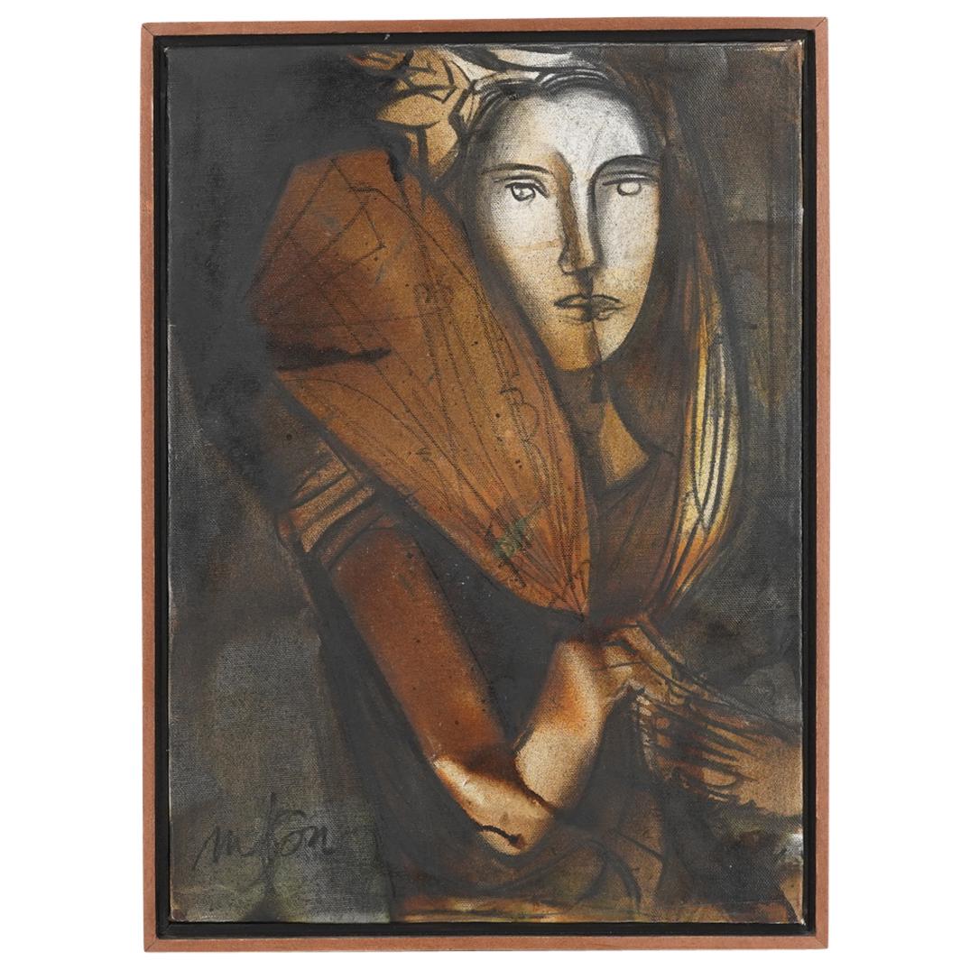 Nelson Dominguez (Cuban, b. 1947) "Mujer con Gaita" Portrait Mixed Media on Canvas Painting (1 of 5)