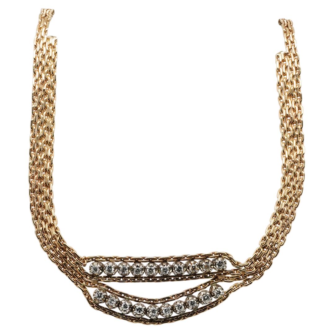 Vintage 14k Gold and Diamond Mesh Necklace: DESCRIPTION: A vintage necklace comprised of interlocking mesh links, terminating along the lower half with two rows of Diamonds amounting to approx. .60 cts total. Completed with a lobster clasp stam