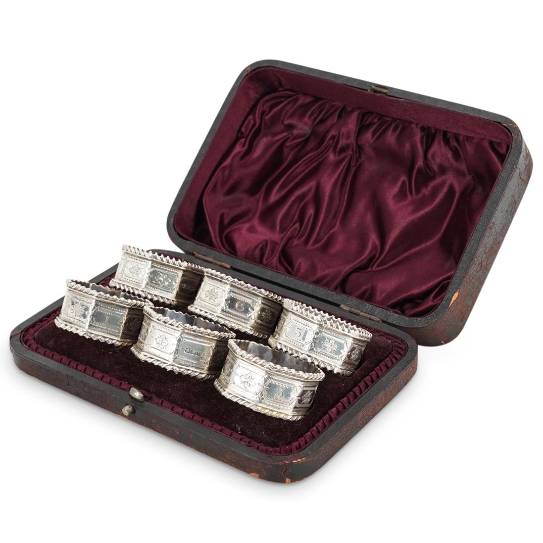 (6Pc) Antique Walker & Hall British Sterling Napkin Rings in Box (1 of 6)