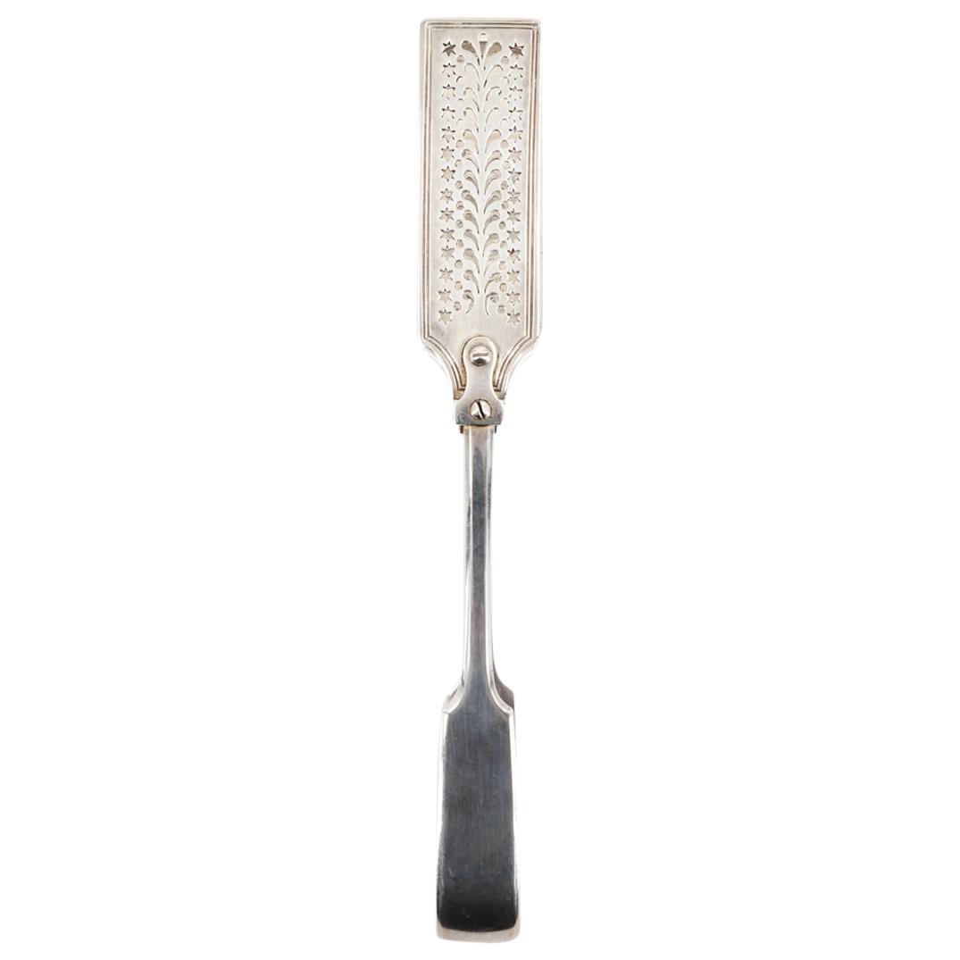 Georgian William Eaton Sterling Silver Asparagus Tongs: DESCRIPTION: Antique Georgian William Eaton English Sterling silver asparagus tongs featuring pierced repeating star depictions at either side of pierced circle and drop patterns at the tongs, and a b