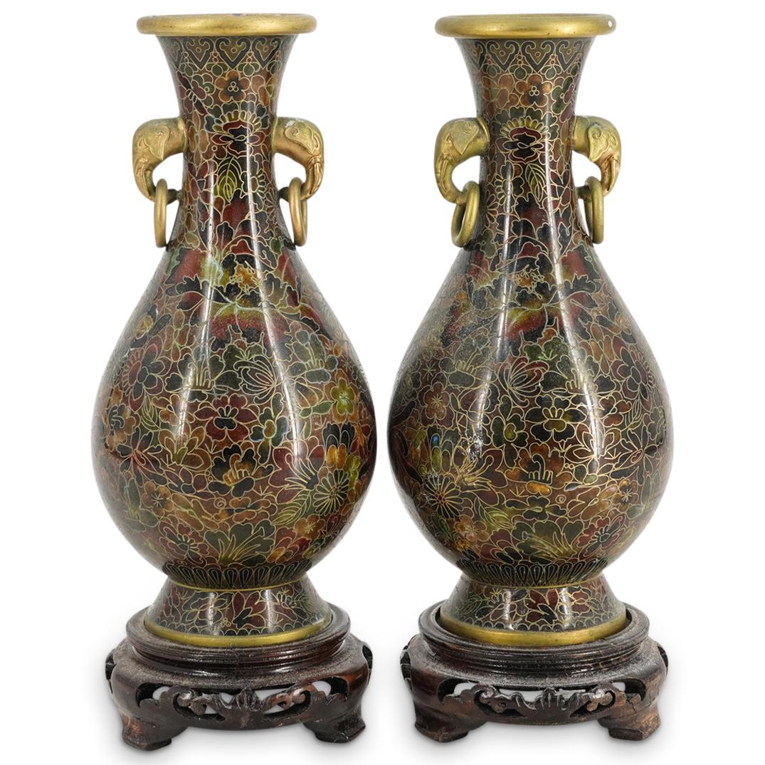 (2Pc) Antique Pair of Chinese Cloisonne Elephant Vases (1 of 9)